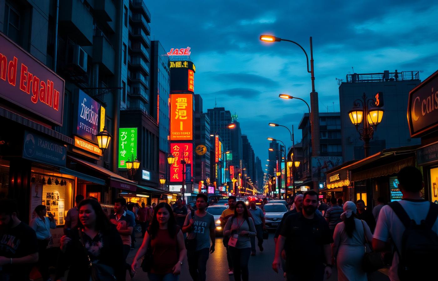 City street at dusk with warm light spilling across the pavement