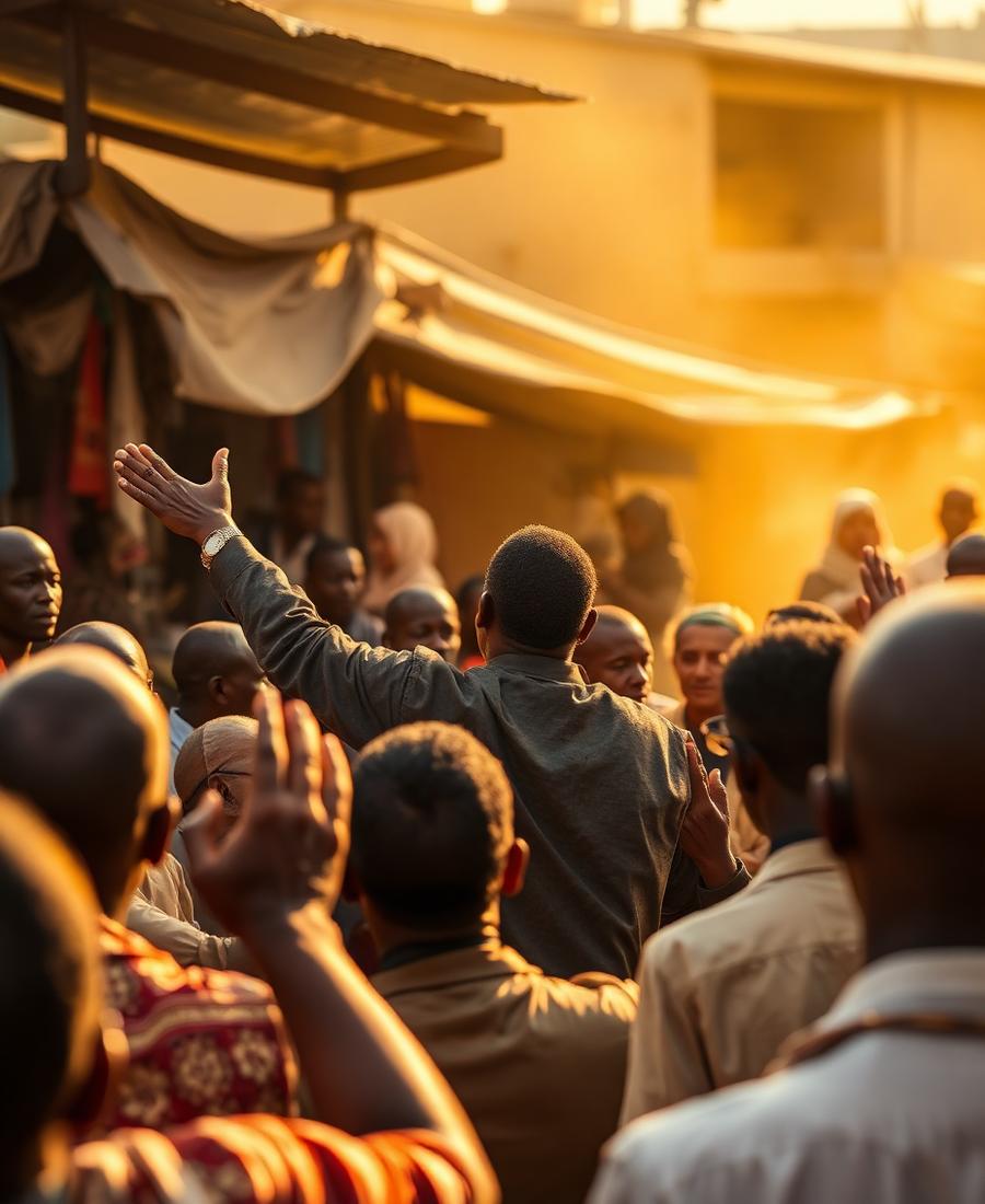 Crowd with hands raised as the gospel is preached in an outdoor market at golden hour