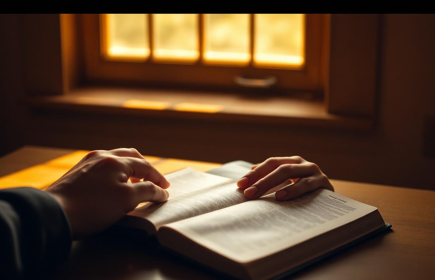 Hands resting on an open Bible beside a sunlit window