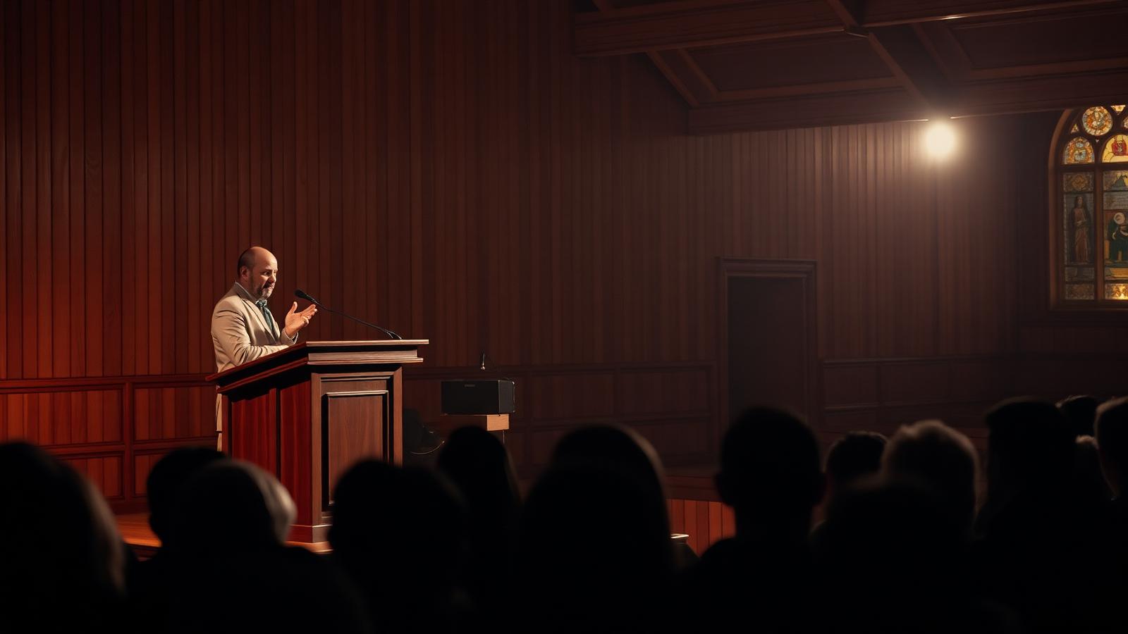 Pastor preaching from a wooden pulpit to a seated congregation in warm light