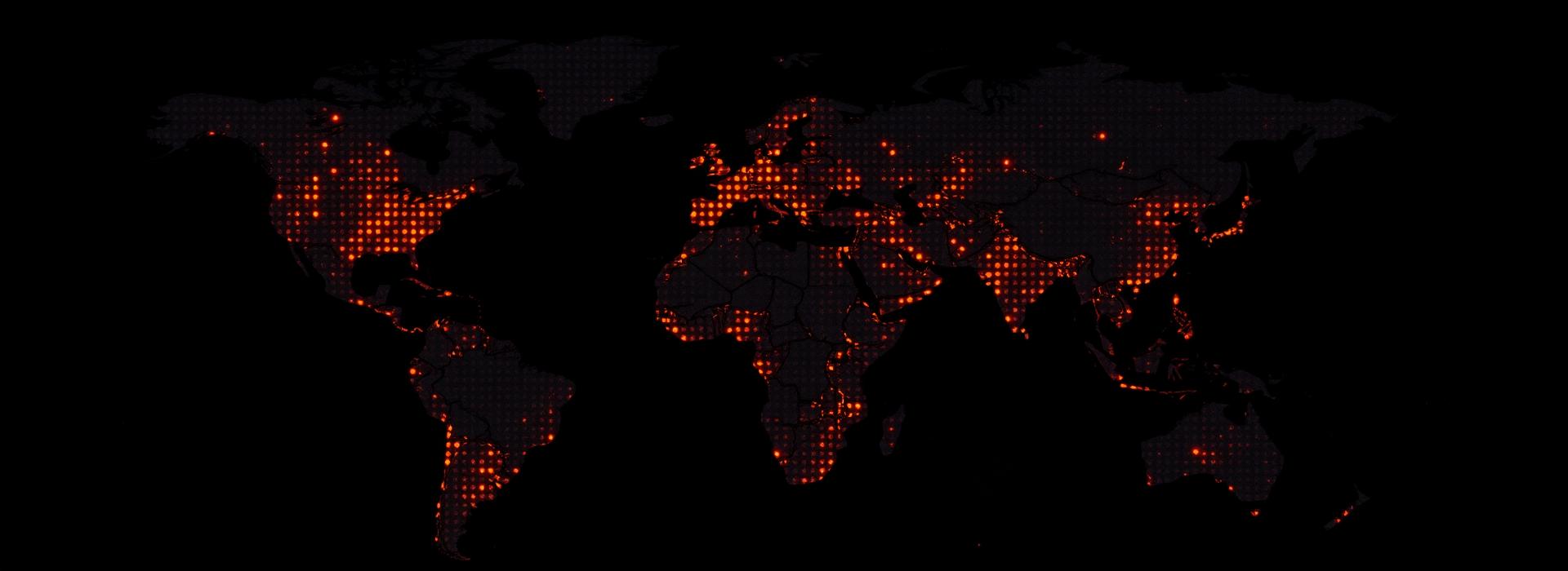 Dark world map textured with glowing ember points marking nations reached